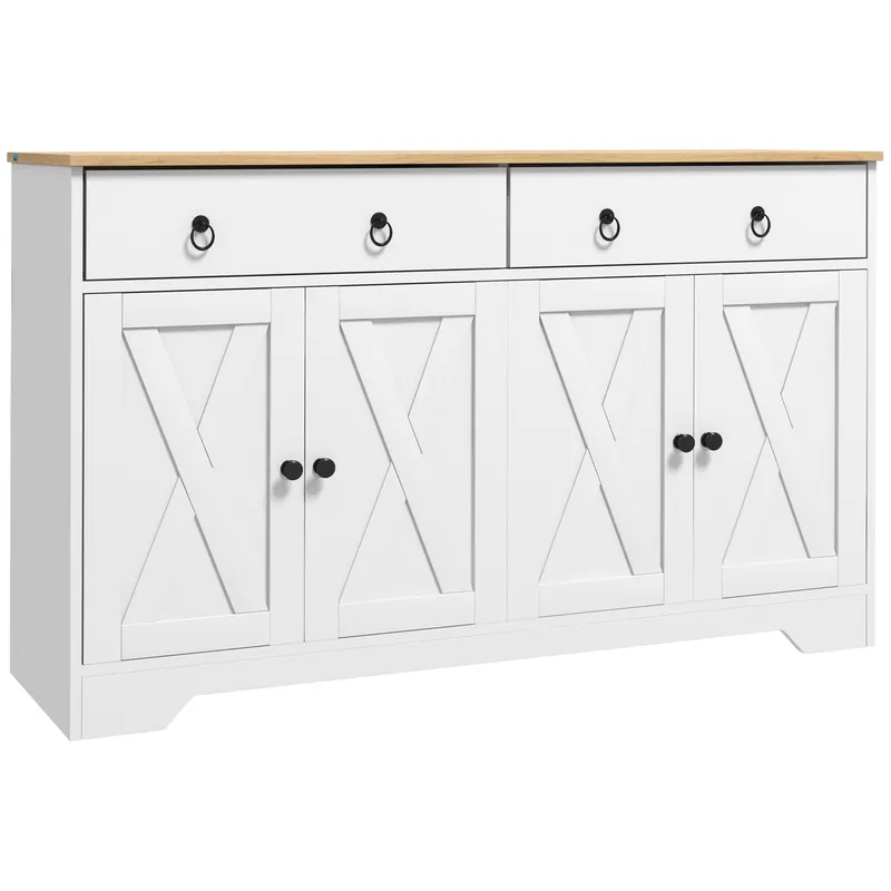 HOMCOM Bufet mobilier de depozitare dulap de bucătărie stil rustic 2 sertare și 2 dulapuri rafturi la înălțimi reglabile alb