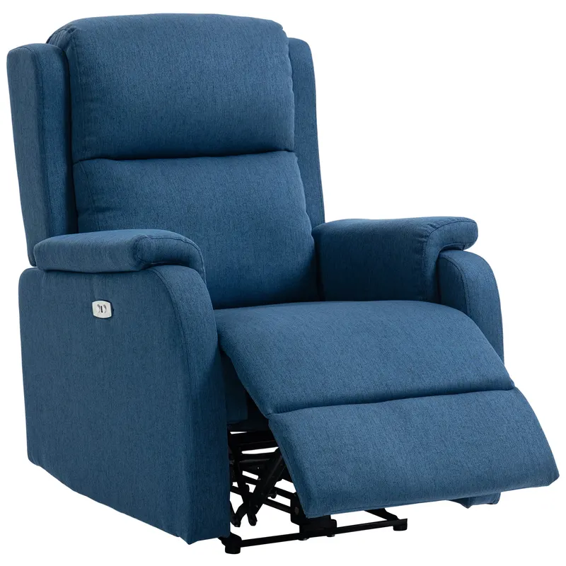 HOMCOM Fotoliu Relax Electric Reclinabil 150° cu Suport pentru Picioare și Port USB, Fotoliu Reclinabil Electric cu Cotiere Largi, Material cu Aspect de In, pentru Living, Dormitor, Albastru