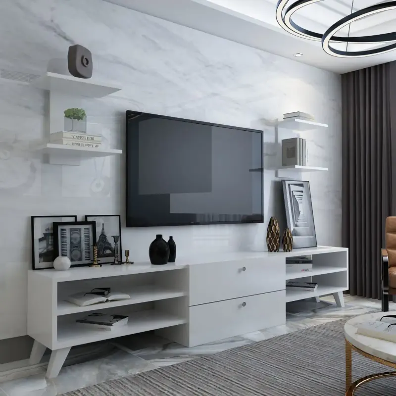 Comoda tv alba cu 2 rafturi suspendate, Alma 1200 mm
