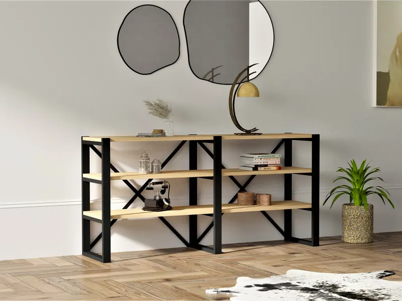 Bibliotecă Datça, Sapphire - Negru, 133x32x65 cm - Albastru - Negru