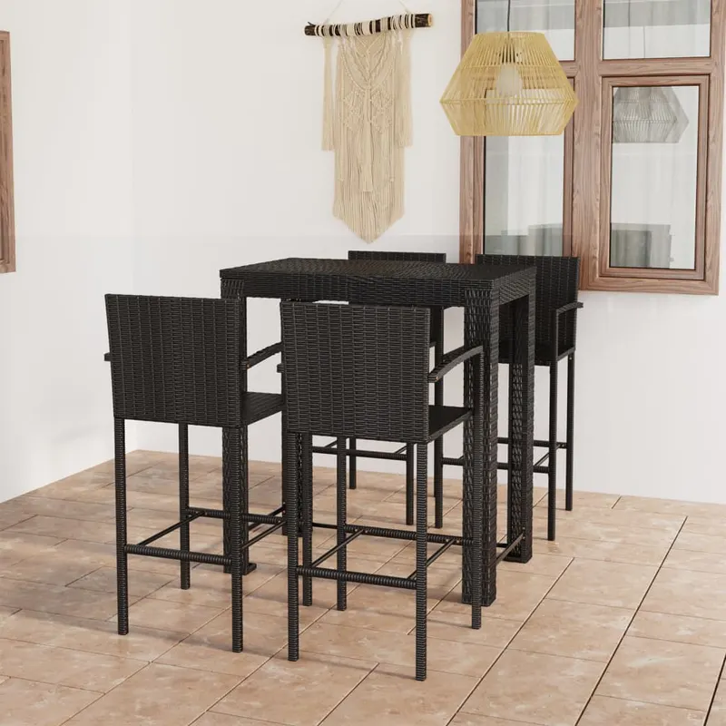 set bar exterior cu cotiera, 5 piese, negru, poliratan