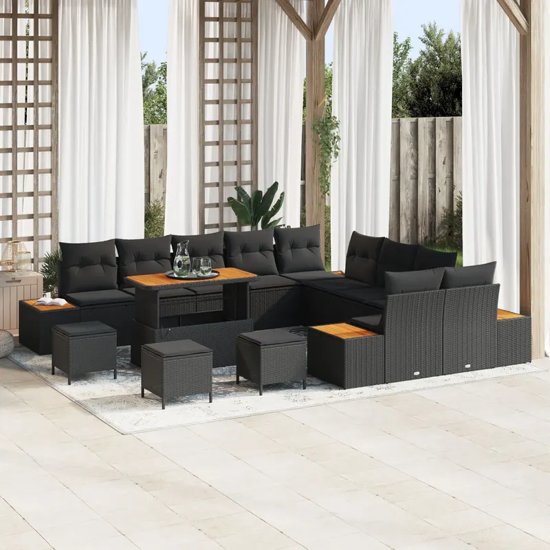 Set de 14 piese de sofa de gradina cu pernute poliratan negru acacia, set de dining de 4 piese de gradina cu pernute poliratan negru acacia