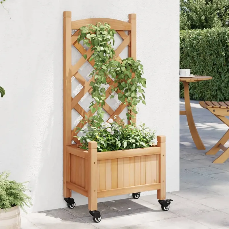 jardiniera cu spalier si roti, maro, lemn masiv de brad