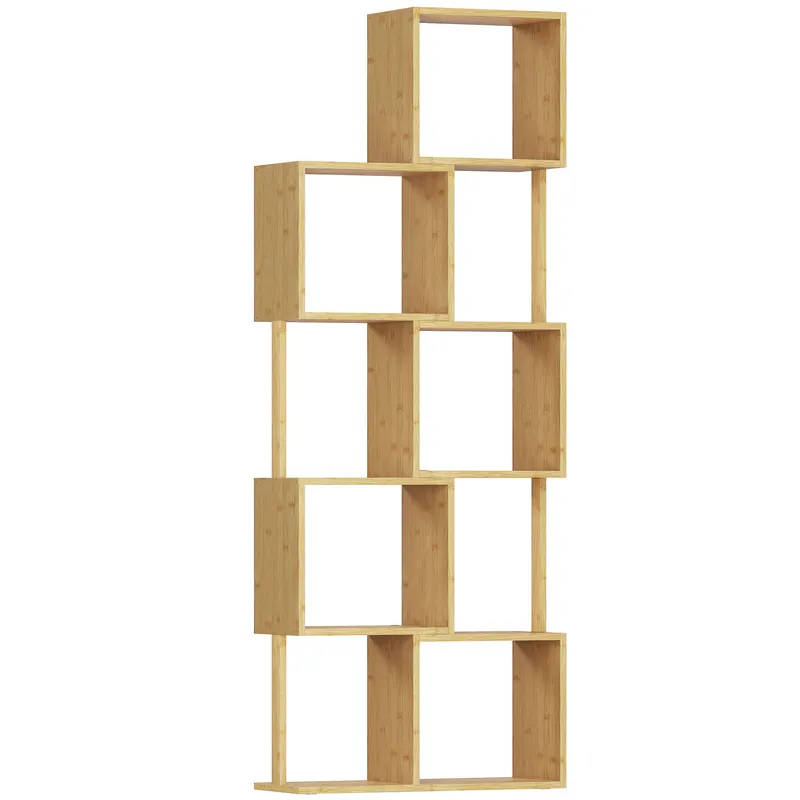 HOMCOM Librărie modernă și asimetrică cu 5 niveluri din bambus, 62.5 x 23 x 165 cm, lemn