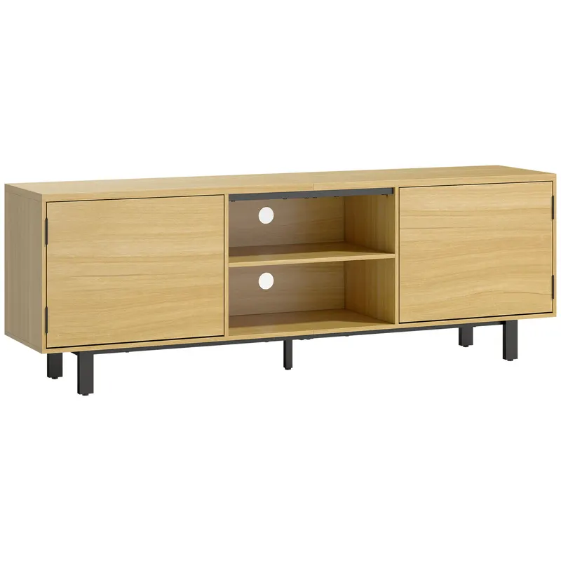 HOMCOM Comodă TV, mobilier TV până la 165 cm, 2 uși cu deschidere prin apăsare și 2 rafturi, 160x35x55,5cm, lemn natural