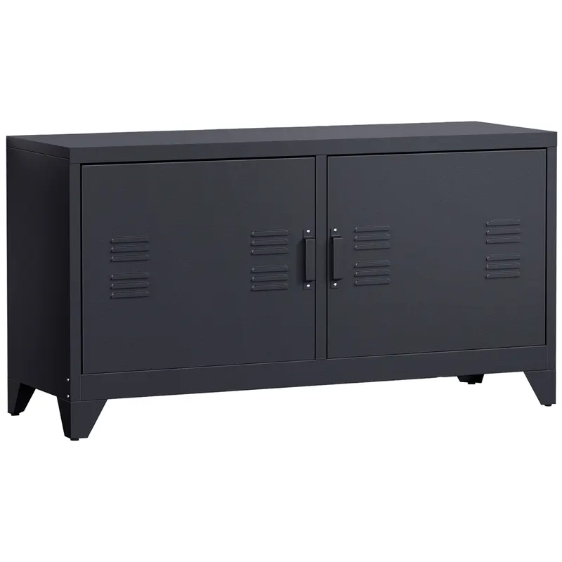 HOMCOM Suport TV banc televizor design industrial 2 dulapuri cu 2 rafturi reglabile treceri pentru cabluri structura otel negru