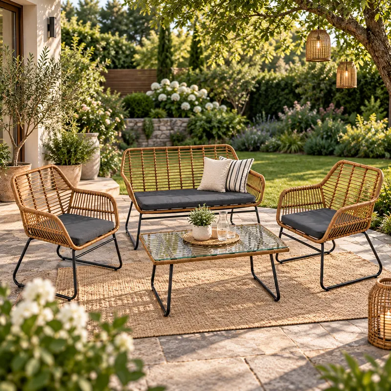 Set mobilier de gradina 7 piese din ratan PE rezistent la intemperii, cu canapea 2 locuri, fotolii, masa si perne de sezut incluse, design modern si u
