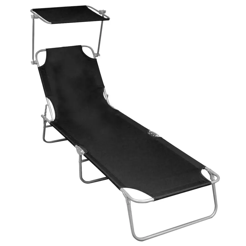 sezlong pliabil cu copertina, negru, aluminiu