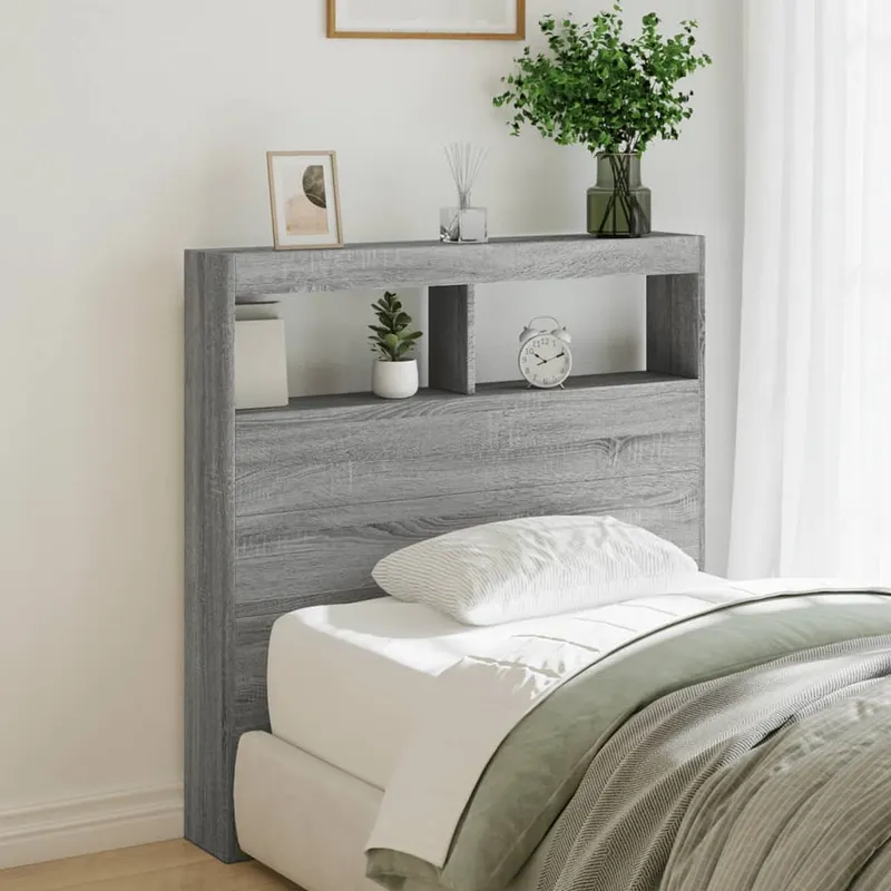 tablie de pat cu dulap si led, gri sonoma, 100x17x102 cm