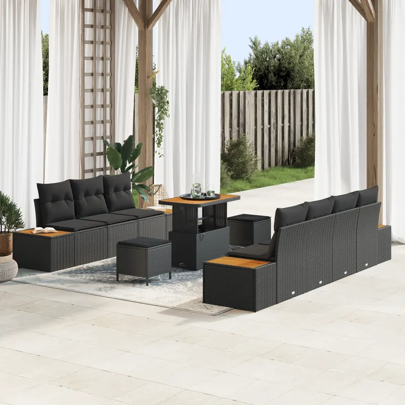 set de canapea de gradina cu 10 piese si perne, negru, rattan polimeric, acacia, set de dining de gradina cu 3 piese si perne, negru, rattan polimeric, acacia