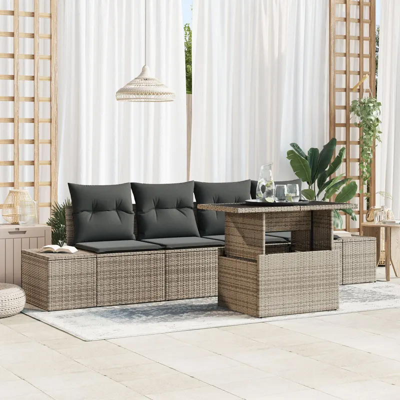 set de canapea de gradina 5 piese cu perne gri din ratan poliester