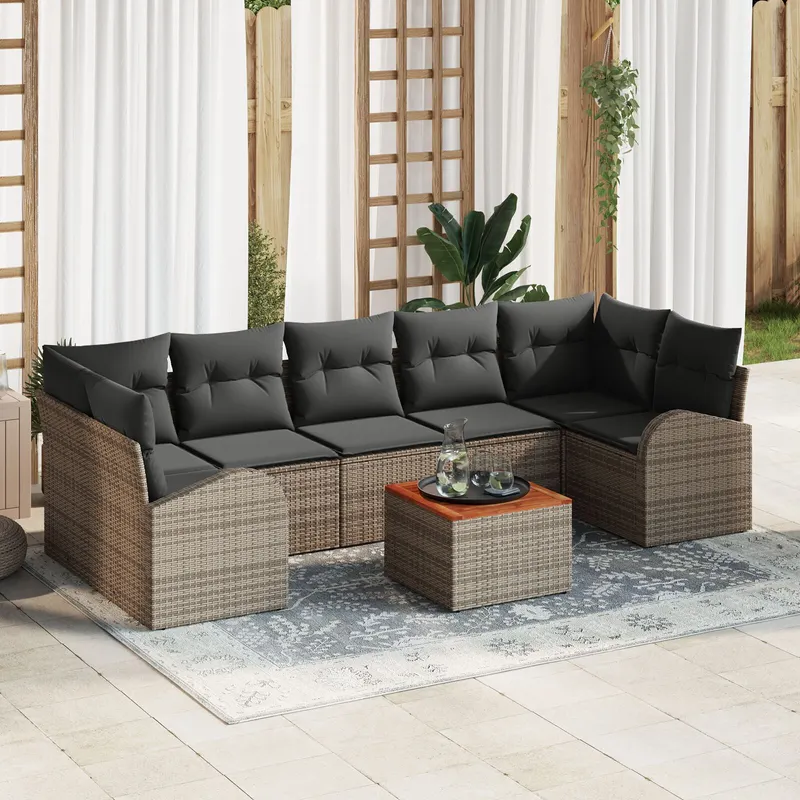 Set canapea de gradina 8 piese cu perne gri din ratan poly acacia, canapea de gradina cu 2 locuri si depozitare, cu perne gri din ratan poly