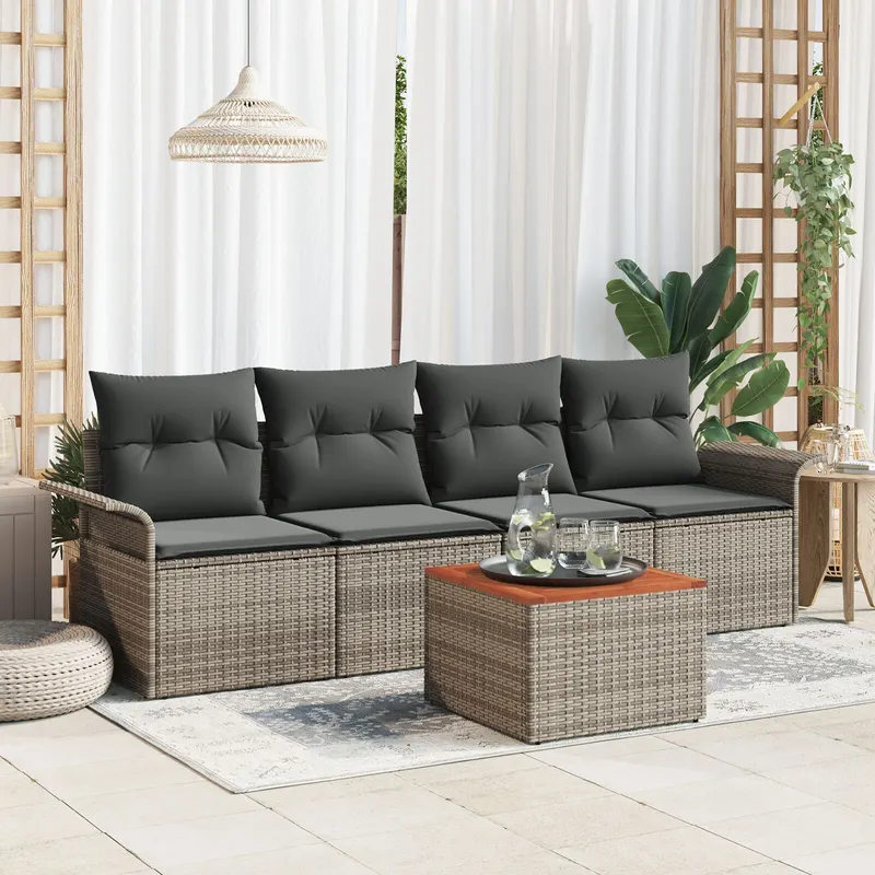 set canapea gradina in 5 piese cu perne gri poliratán acacia