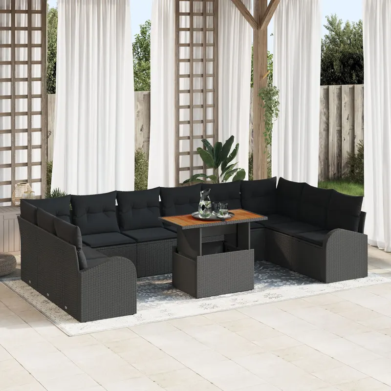 set dining gradina cu perne negru poliratan acacia