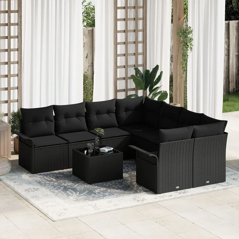 set canapele gradina 9 piese cu perne negre din ratan poliester