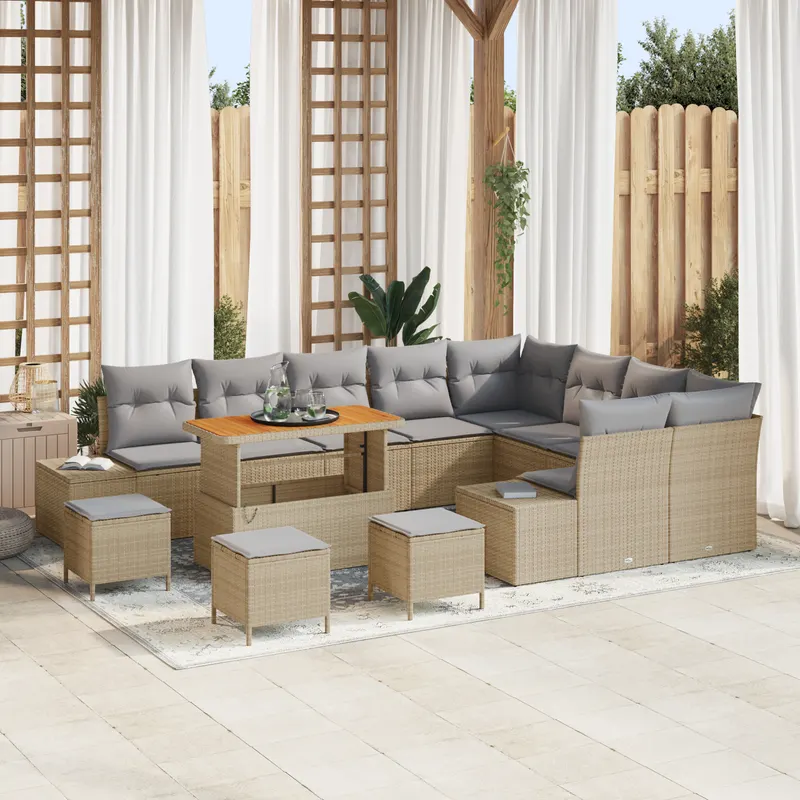 Set de sofa de gradina cu 13 piese si perne bej poliratan acacia, set de masa de gradina cu 4 piese si perne bej poliratan acacia, sofa de gradina cu 2 locuri cu perne bej poliratan