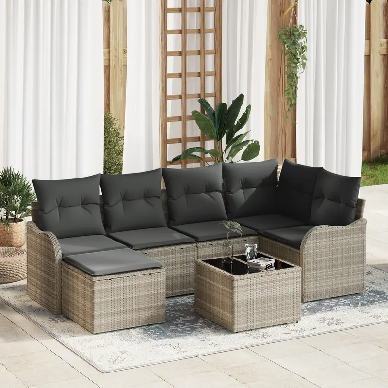Set canapea gradina 7 piese perne gri poliratan, canapea gradina 2 locuri storage & perne gri deschis poliratan
