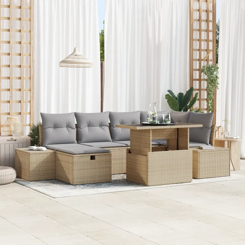 set de canapea pentru gradina , 7 piese, cu perne, bej, ratan sintetic