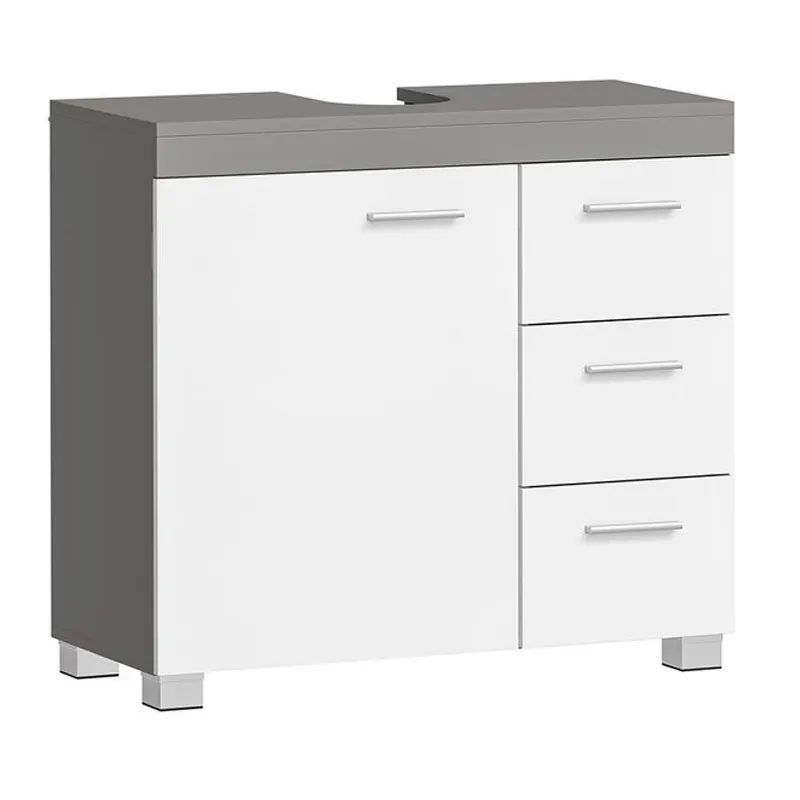 Dulap baie lavoar, cu 3 sertare si 2 compartimente, MDF, 70x30x64 cm, alb si gri