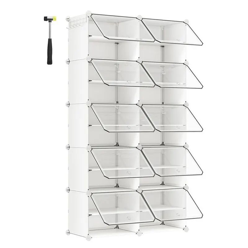 Dulap modular pantofi 10 compartimente usi transparente, 83x32x156 cm, ventilatie, alb