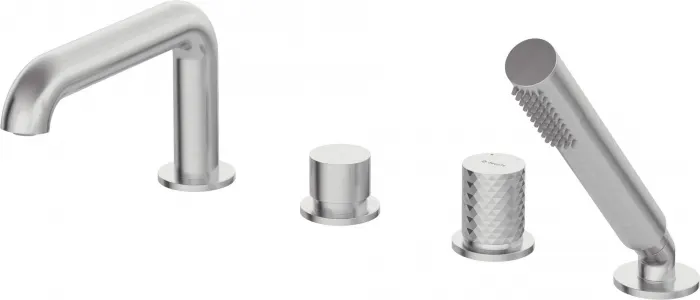 Baterie pentru cada, otel periat, cu 4 orificii, set dus inclus, Deante Silia Hexa