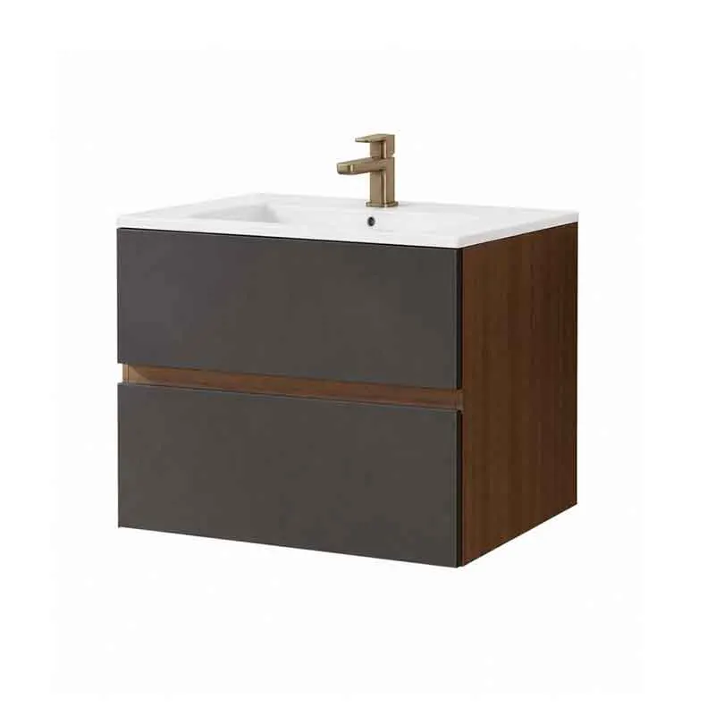 Mobilier lavoar suspendat Fluminia Genova 80, modular, nero mat, laterale rovere moka