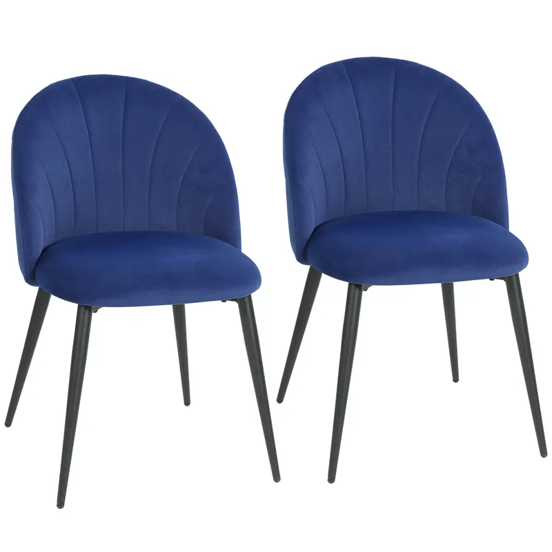 HOMCOM Set de 2 Scaune de Sufragerie din Catifea, Scaune de Bucătărie cu Spătar Curbat în Formă de Scoică, Picioare din Oțel, Stil Nordic, Scaune Capitonate pentru Bucătărie, Dormitor, Cameră de Zi, Albastru