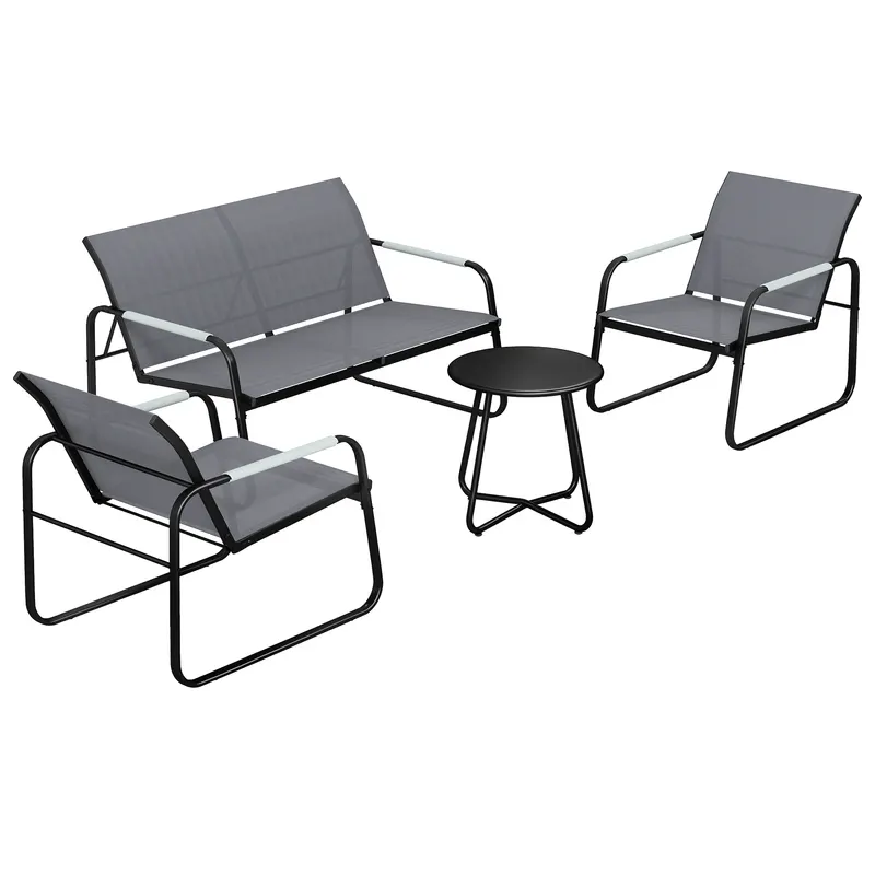 Outsunny Set mobilier grădină pentru 4 persoane, lounge respirant cu canapea 2 locuri, 2 fotolii, design tip sfoară, masă rotundă, picioare reglabile
