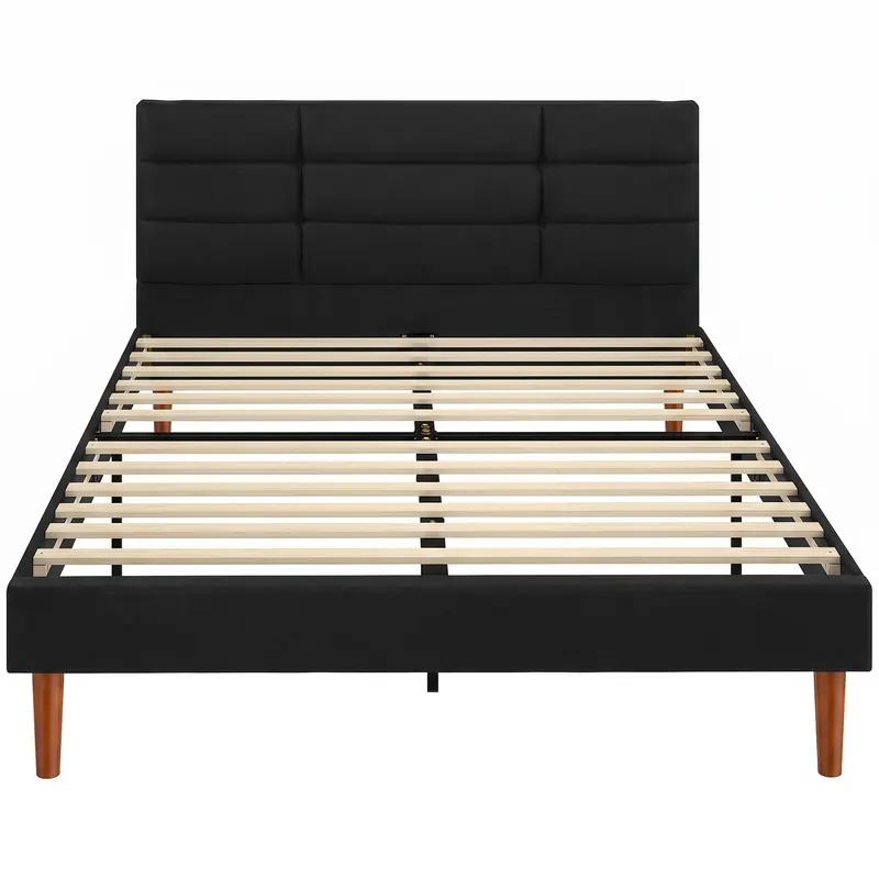 HOMCOM Cadru de pat 140 x 200 cm cu somier din lemn, pat dublu tapițat cu efect de in, depozitare dedesubt, fără zgomot, Negru