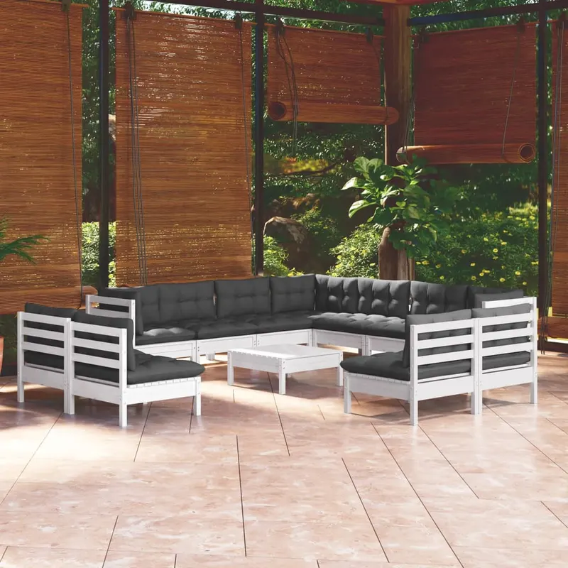 set mobilier gradina cu perne, 12 piese, alb, lemn masiv pin