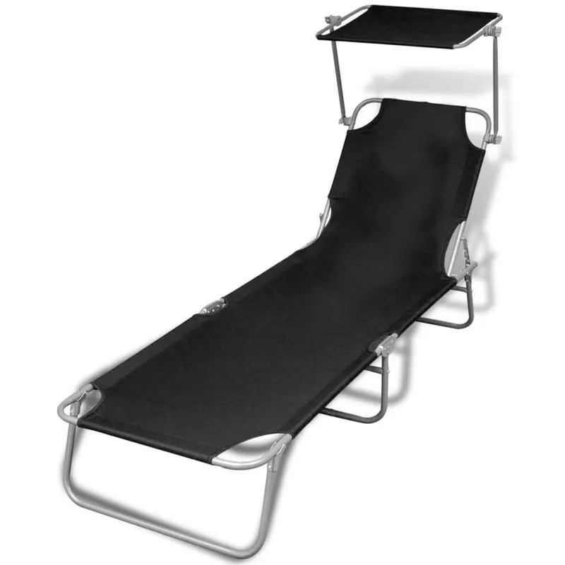 sezlong de plaja pliabil cu baldachin negru metal & tesatura
