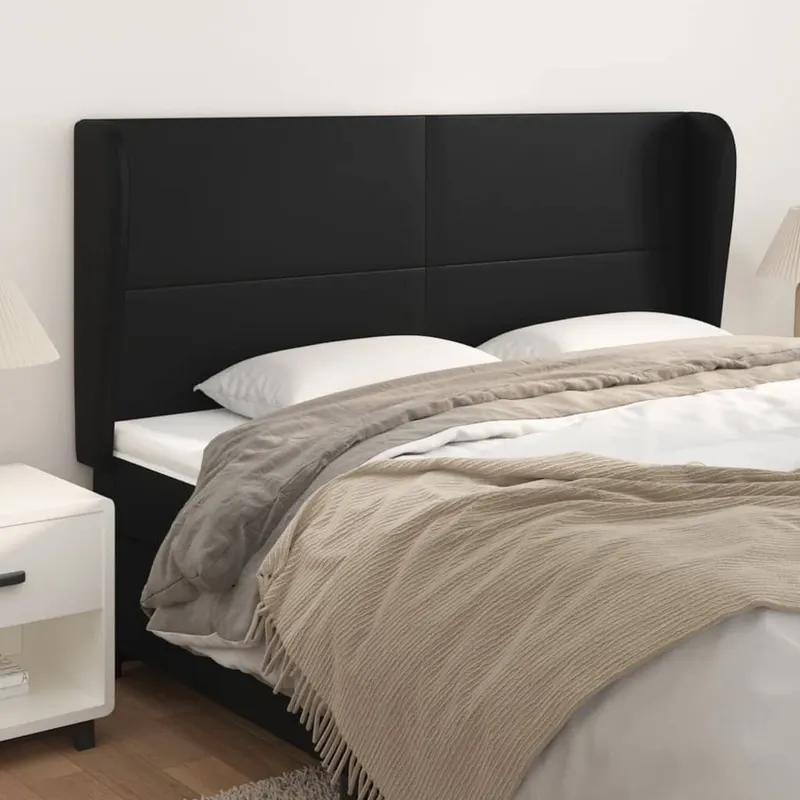 Tablie de pat cu aripioare, negru, 163x23x118/128 cm, piele eco