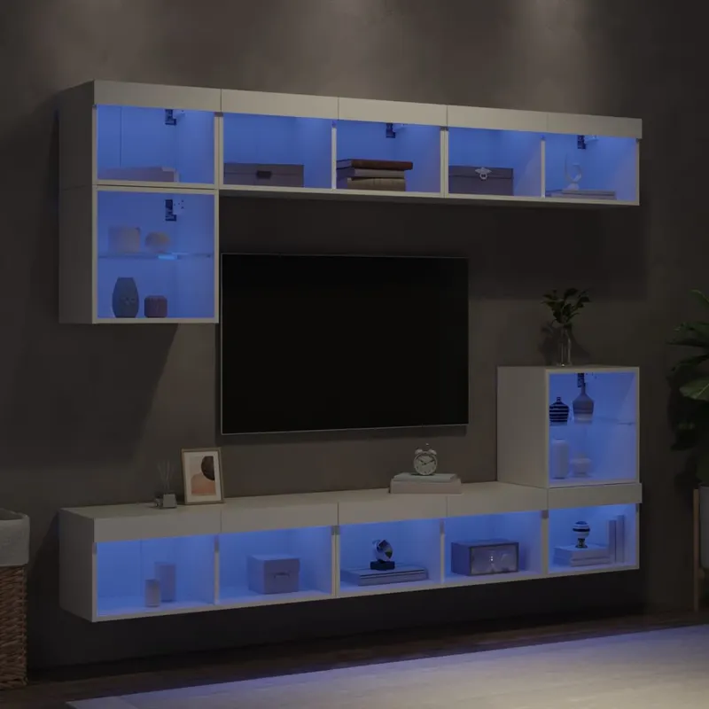 unitati de perete tv cu led-uri, 8 piese, alb, lemn prelucrat