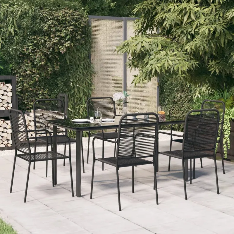 set de masa gradina, 7 piese, franghie neagra din bumbac & otel