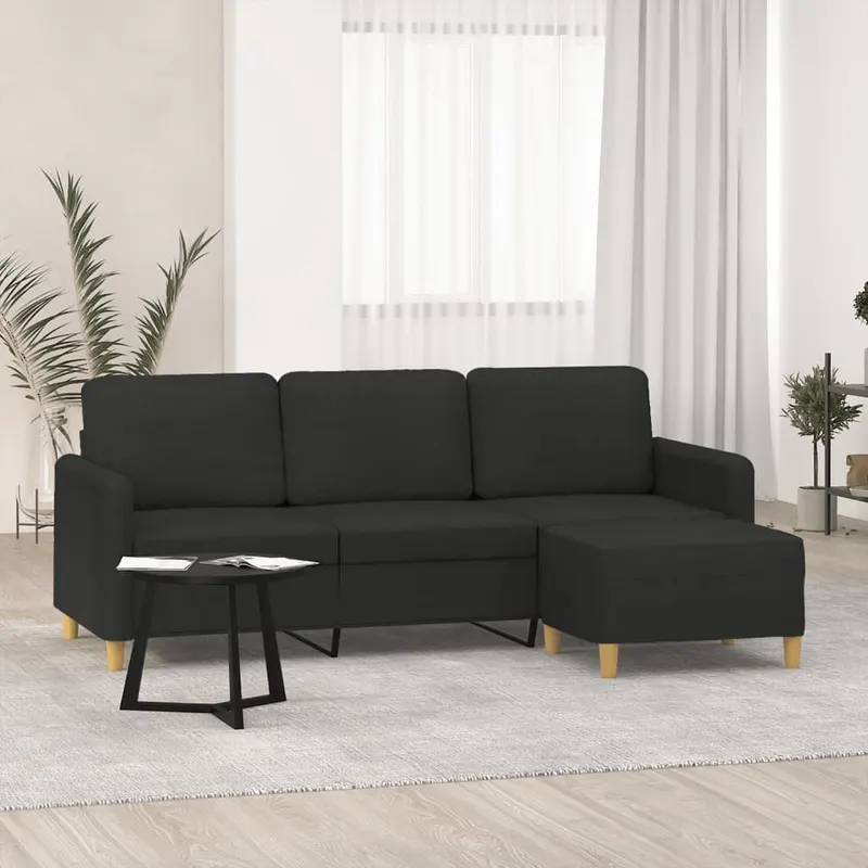 canapea cu 3 locuri cu taburet, negru, 180 cm, material textil