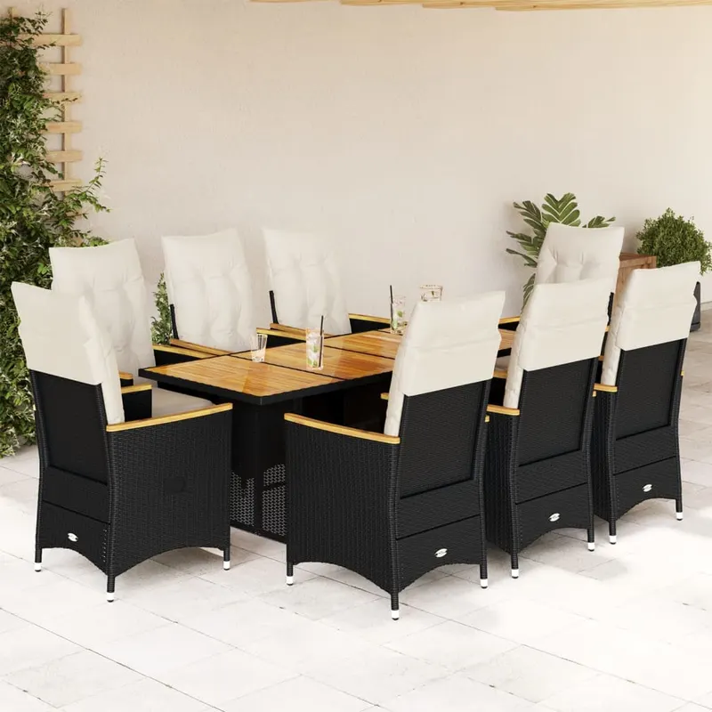 set bistro de gradina, 9 piese, cu perne, negru, poliratan