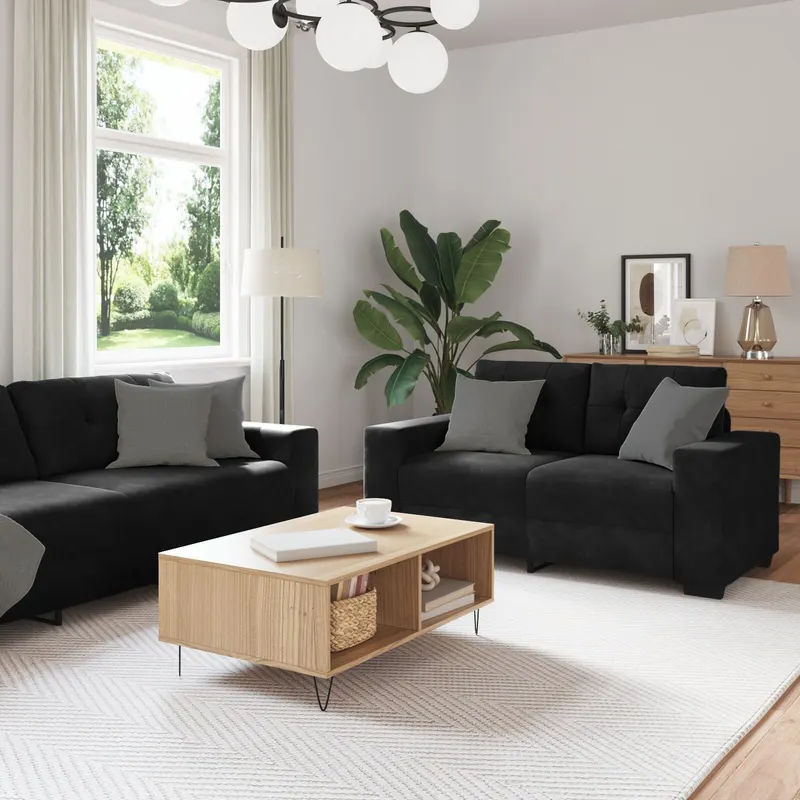 set canapea, 3 piese, perne negre, catifea