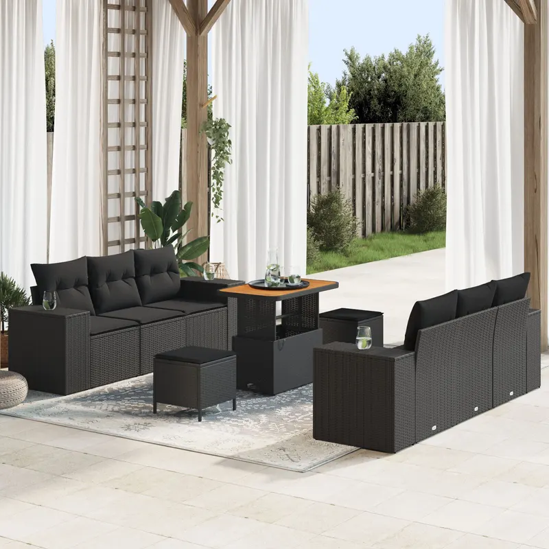 set canapea gradina cu 9 piese cu pernite negru poliratan acacia, set de dining pentru gradina cu 3 piese cu pernite negru poliratan acacia