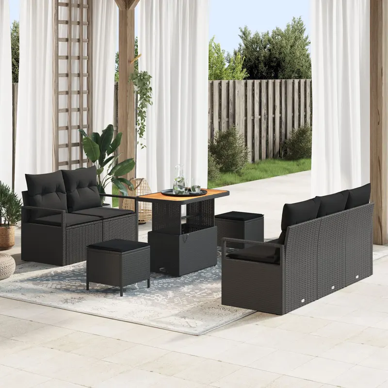 set de canapea de gradina 8 piese cu perne ratan poli negru acacia, canapea de gradina cu 2 locuri cu depozitare si perne ratan poli negru, set de dining de gradina 3 piese cu perne ratan poli negru acacia