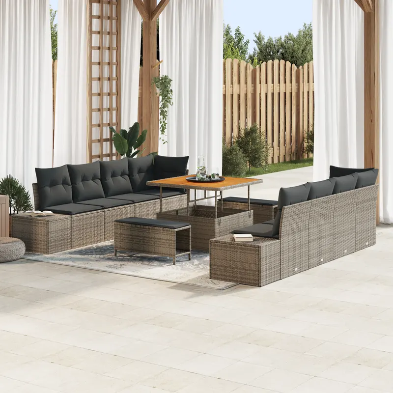 Set de sofe de gradina cu 11 piese si perne gri din poliratan de acacia, canapea de gradina cu 2 locuri cu depozitare si perne gri din poliratan, set de dining de gradina cu 3 piese si perne gri din poliratan de acacia