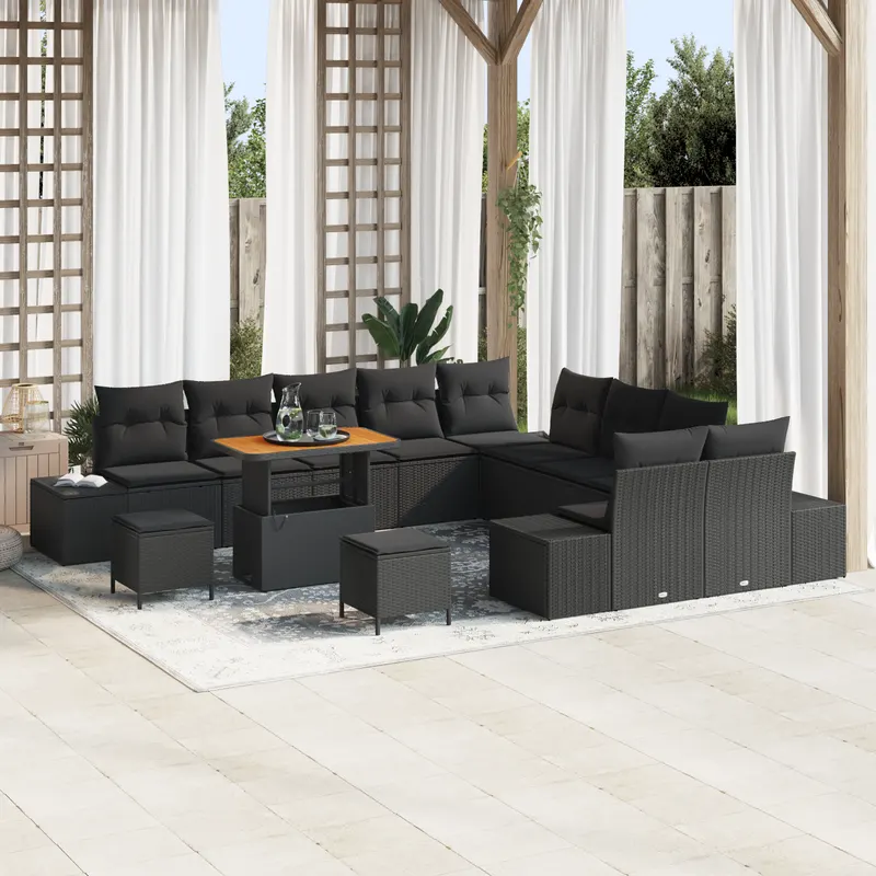Set de canapele de gradina cu 13 piese cu perne negru poliratan acacia, canapea de gradina cu 2 locuri cu spatiu de depozitare si perne negru poliratan, set de dining de gradina cu 3 piese cu perne negru poliratan acacia