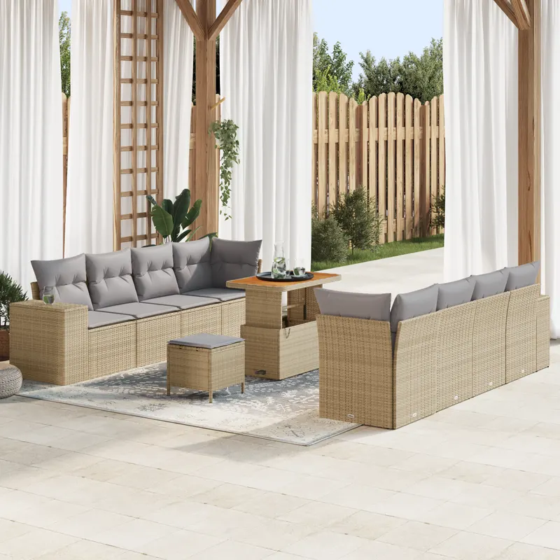set de canapea de gradina cu 11 piese si perne bej poli ratan acacia