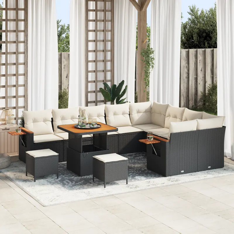 Set de canapea pentru gradina 12 piese cu perne negru ratan poli acacia, set de dining pentru gradina 3 piese cu perne negru ratan poli acacia