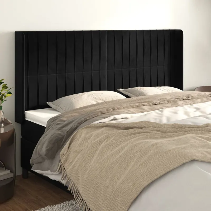 tablie de pat cu aripioare, negru, 203x16x118/128 cm, catifea