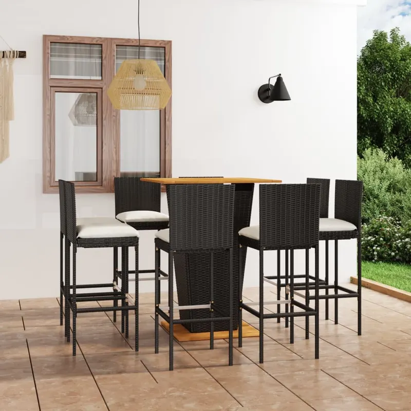 set mobilier bar de gradina cu perne, 9 piese, negru, poliratan