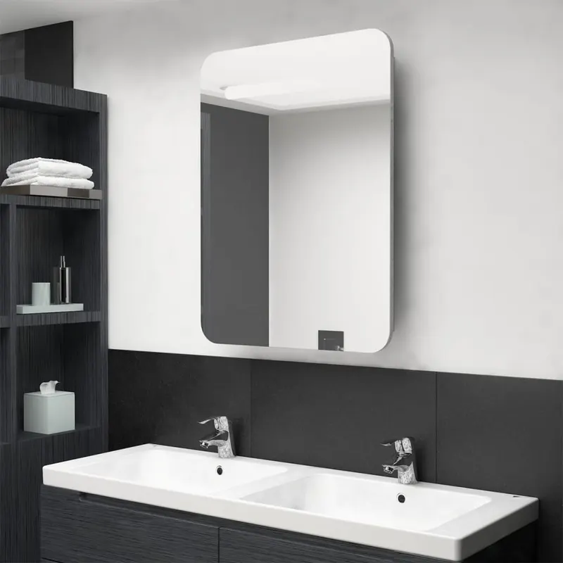 dulap de baie cu oglinda si led-uri, gri beton, 60x11x80 cm