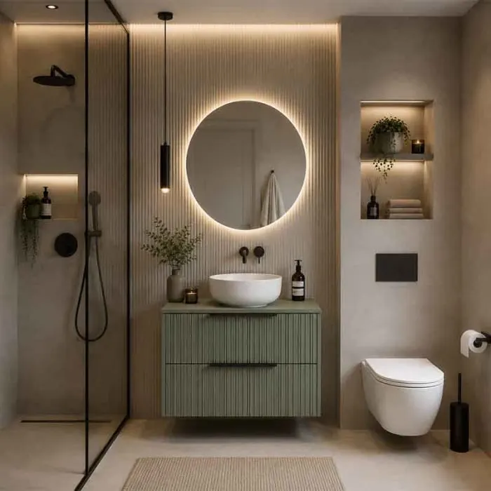 Mobilier baie suspendat pentru lavoar pe blat 80 cm, cu 2 sertare, front riflat, salvia cu manere negre, Fluminia Istria