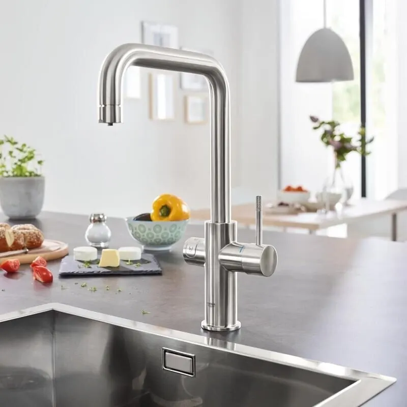 Baterie bucatarie Grohe 101070DC01, Blue Home, inalta, tip U, pentru racitor Blue Home, mat, otel satinat