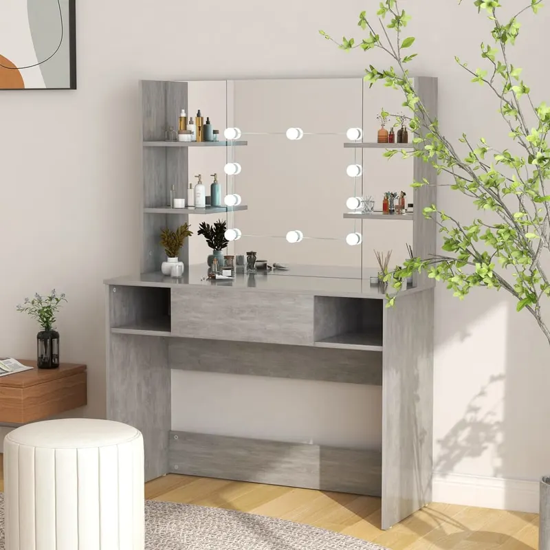 masa machiaj cu lumini led, gri beton, 100x40x135 cm , mdf