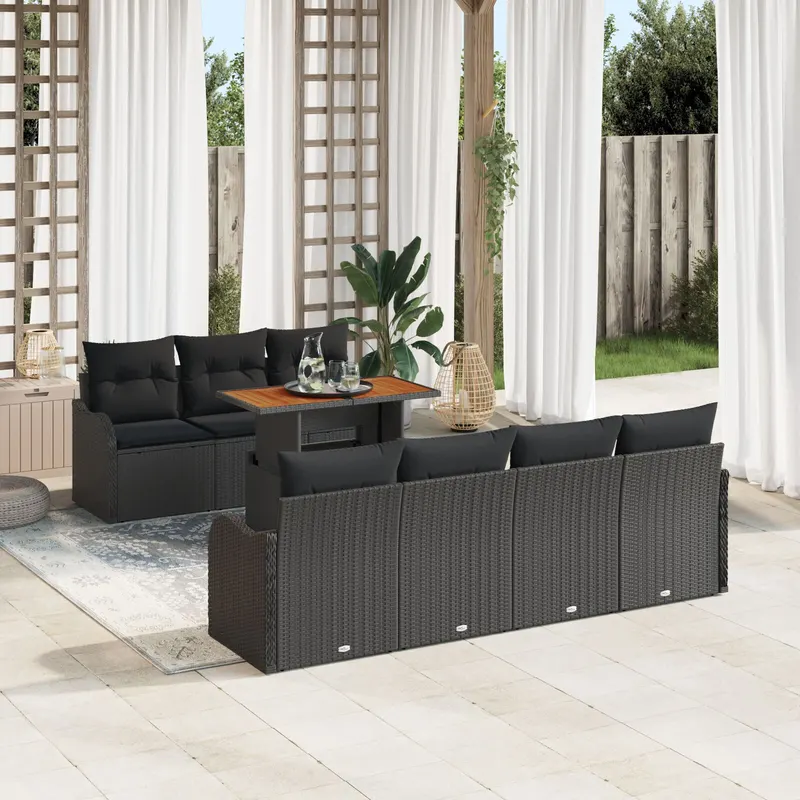 Set de 8 piese de sofa pentru gradina cu pernute negru ratan polimeric, sofa de gradina cu 2 locuri si spatiu de stocare & pernute negru ratan polimeric